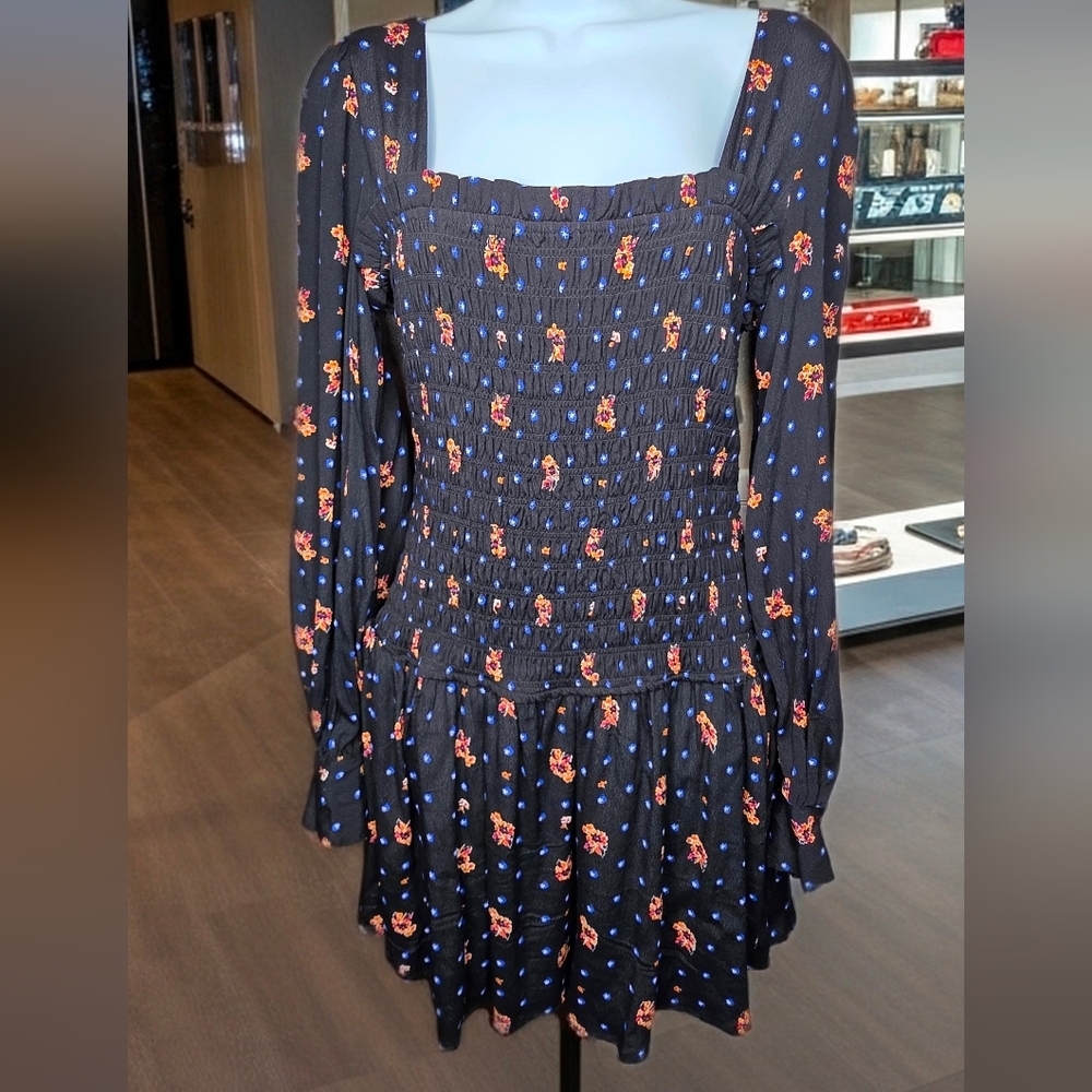 292 Free People "Two Faces" Floral Smocked Mini Dress - Picture 3 of 5